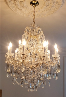 Incredible 15 Light Crystal Chandelier Loaded with Prisms of Various Sizes and Shapes - Fixture is Approximately 40" Tall 30" Wide - Largest Oval Prisms are 6" Long 