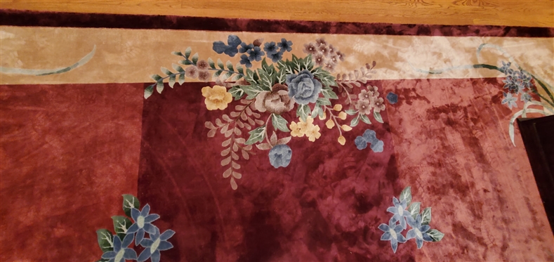 Large Burgundy Rug - Asian Motif with Flowers and Center Medallion - Rug is 15''4 by 12''1