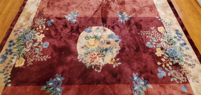 Large Burgundy Rug - Asian Motif with Flowers and Center Medallion - Rug is 15''4 by 12''1