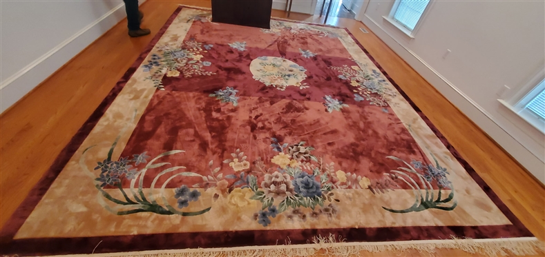 Large Burgundy Rug - Asian Motif with Flowers and Center Medallion - Rug is 154" by 121"