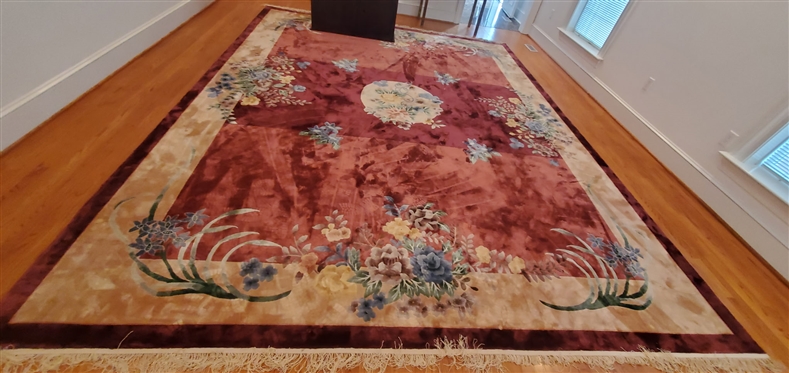 Large Burgundy Rug - Asian Motif with Flowers and Center Medallion - Rug is 15''4 by 12''1