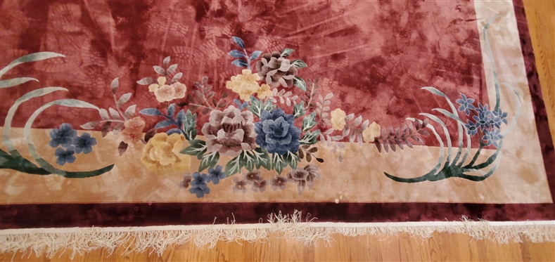 Large Burgundy Rug - Asian Motif with Flowers and Center Medallion - Rug is 15''4 by 12''1