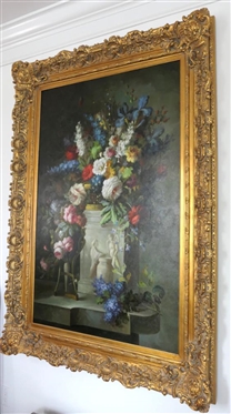HUGE Maitland Smith? Floral Print on Canvas in Outstanding Orante Gold Gilt Frame - Frame is 74 by 54 Interior is 59 by 39