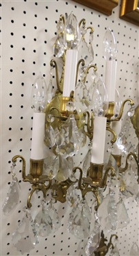 Brass 5 Light Electric Wall Sconce Loaded with Large Crystal Prisms -  Sconce is Approx. 18 Long 10 Wide