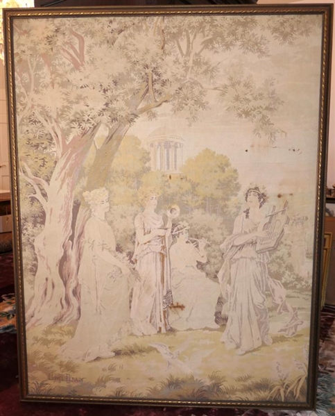 Lionel Peraux 1920s / 30s French Tapestry -Hand Woven - Artist Name Woven in Lower Left -Classical Musician Scene - Framed in Gold Gilt Frame - Large Tapestry is 69" by 54"  Some Minor...