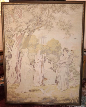 Lionel Peraux 1920s / 30s French Tapestry -Hand Woven - Artist Name Woven in Lower Left -Classical Musician Scene - Framed in Gold Gilt Frame - Large Tapestry is 69" by 54"  Some Minor...