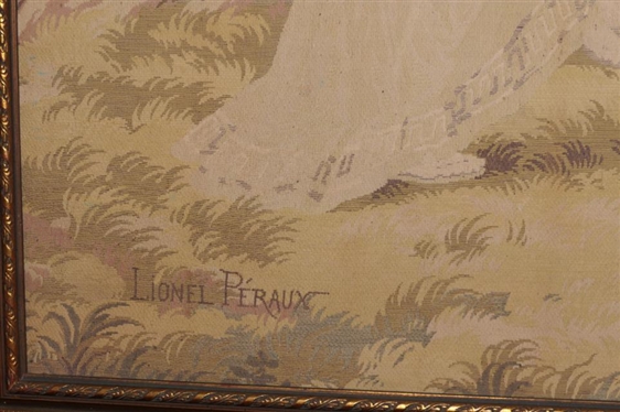 Lionel Peraux 1920''s / 30''s French Tapestry -Hand Woven - Artist Name Woven in Lower Left -Classical Musician Scene - Framed in Gold Gilt Frame - Large Tapestry is 69 by 54  Some Minor...