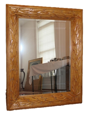 Large Beveled Mirror in Substantial Carved Wooden Frame - Carved Leaf Design - Frame is 47" Tall 37" Wide - 4" Deep