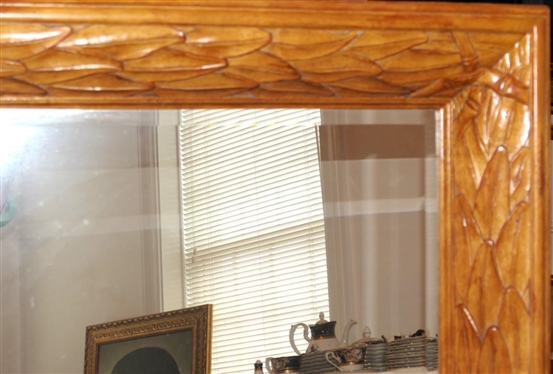 Large Beveled Mirror in Substantial Carved Wooden Frame - Carved Leaf Design - Frame is 47 Tall 37 Wide - 4 Deep