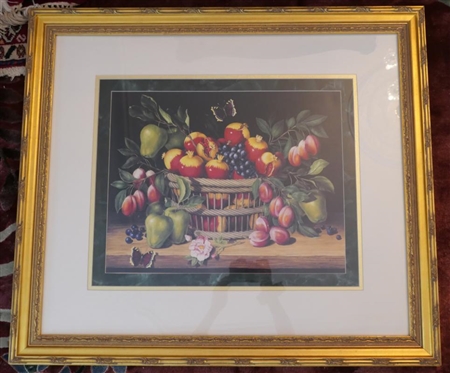 Beautiful Bright Fruit Still Life Print - Pomegranate, Grapes, Figs, and Apples - Signed A.V.R. in Lower Right - Framed and Triple Matted - Frame is 29" By 33" 