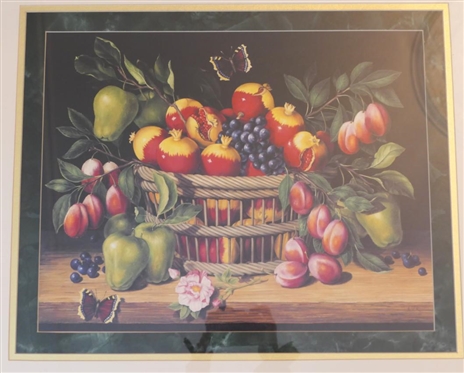 Beautiful Bright Fruit Still Life Print - Pomegranate, Grapes, Figs, and Apples - Signed A.V.R. in Lower Right - Framed and Triple Matted - Frame is 29 By 33 