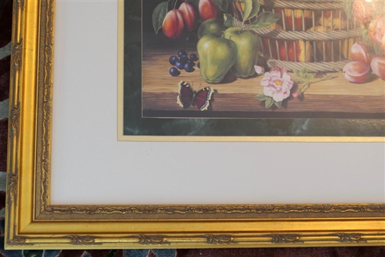 Beautiful Bright Fruit Still Life Print - Pomegranate, Grapes, Figs, and Apples - Signed A.V.R. in Lower Right - Framed and Triple Matted - Frame is 29 By 33 