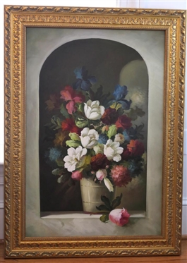Gold Framed Floral Print on Canvas - Iris and Tulip Flowers in Arched Window - Frame is 43" by 31" 