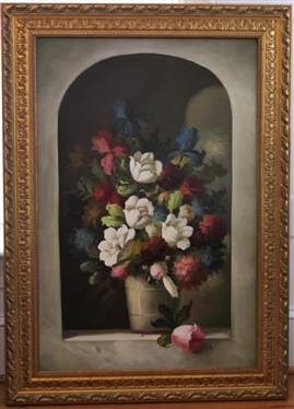 Gold Framed Floral Print on Canvas - Iris and Tulip Flowers in Arched Window - Frame is 43 by 31 