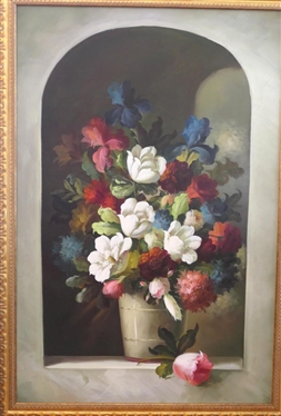 Gold Framed Floral Print on Canvas - Iris and Tulip Flowers in Arched Window - Frame is 43 by 31 