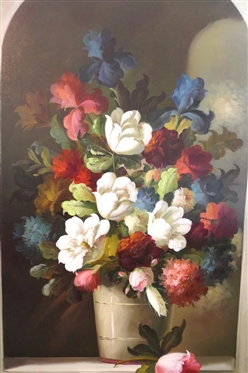 Gold Framed Floral Print on Canvas - Iris and Tulip Flowers in Arched Window - Frame is 43 by 31 