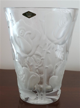 Shannon Crystal Large Rose Vase - Satin Roses On Body - Vase is 9 1/2" Tall 7 1/2" Across - Original Sticker