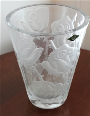 Shannon Crystal Large Rose Vase - Satin Roses On Body - Vase is 9 1/2 Tall 7 1/2 Across - Original Sticker