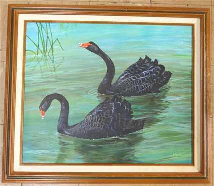 Original D. Raver Black Swan Oil on Canvas Painting - Duane Raver  (1927 - 2022) - Important North Carolina Wildlife Artist - Frame Measures 25 by 29 