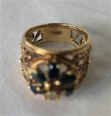 Beautiful 10kt Yellow Gold Sapphire and Diamond Ring - Flower Design - Marked EL 10K - Size 8 - 7.3 Grams 