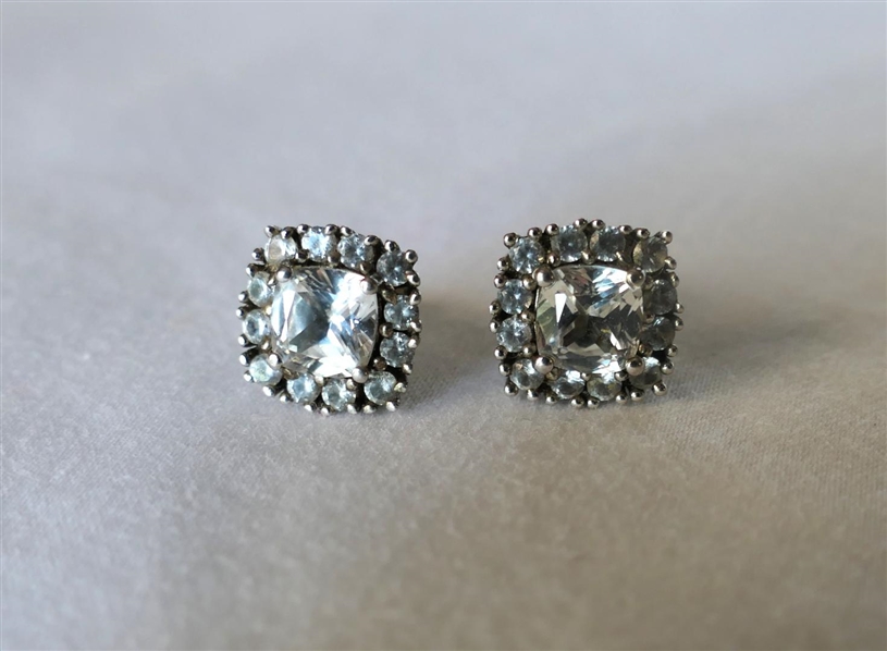 Pair of Sterling Silver Earrings with Clear CZ Stones with Halo Settings - Each Earring is 1/4" Across