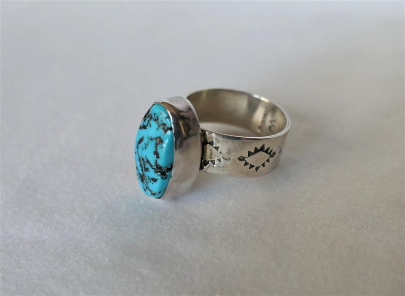 Native American Sterling Silver Turquoise Ring - Hand Stamped Band - Adjustable Size - Marked VJ Sterling 