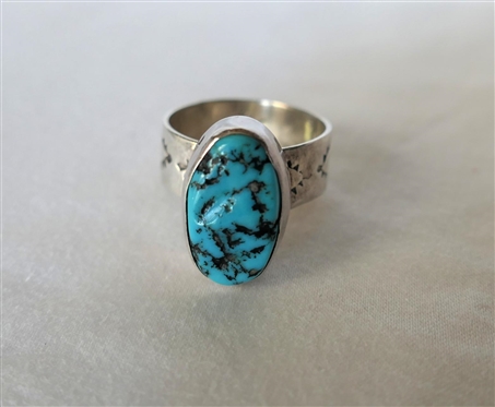Native American Sterling Silver Turquoise Ring - Hand Stamped Band - Adjustable Size - Marked VJ Sterling 