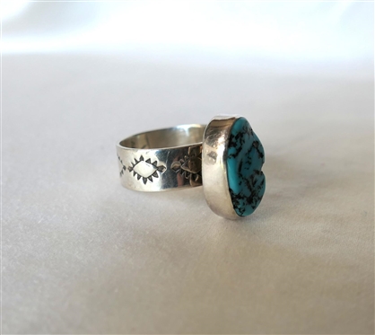 Native American Sterling Silver Turquoise Ring - Hand Stamped Band - Adjustable Size - Marked VJ Sterling 