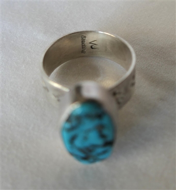 Native American Sterling Silver Turquoise Ring - Hand Stamped Band - Adjustable Size - Marked VJ Sterling 