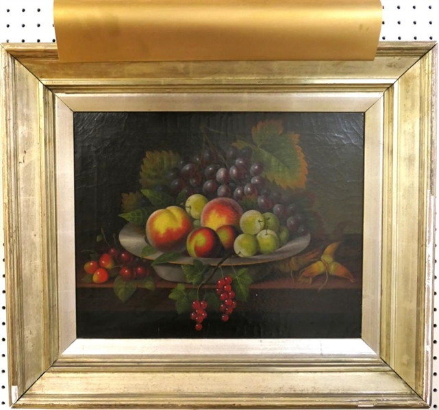 Fruit Still Life Oil on Canvas Painting in Gold Frame - Attached Art Light - Frame is 21" By 24" 