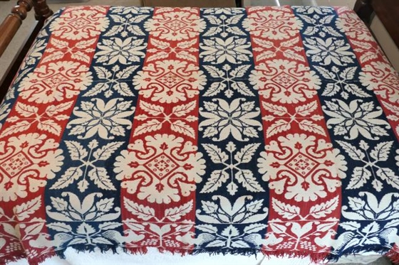 19th Century Ohio 3 Color 2 Piece Coverlet with Chicken Motif - Hand Loomed - Coverlet Measures 86 By 68