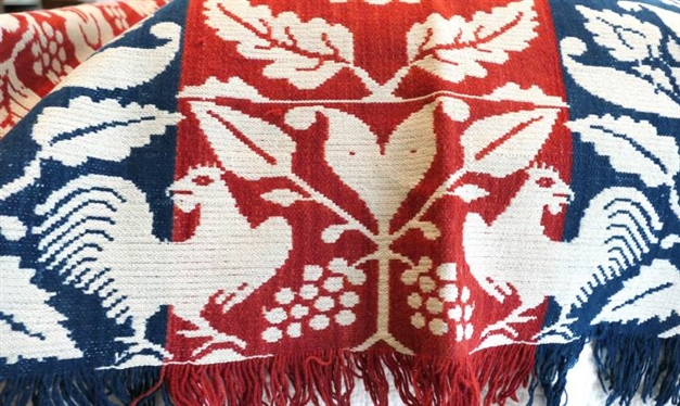 19th Century Ohio 3 Color 2 Piece Coverlet with Chicken Motif - Hand Loomed - Coverlet Measures 86 By 68