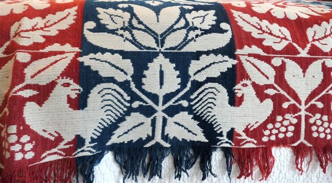 19th Century Ohio 3 Color 2 Piece Coverlet with Chicken Motif - Hand Loomed - Coverlet Measures 86 By 68