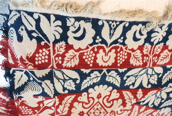 19th Century Ohio 3 Color 2 Piece Coverlet with Chicken Motif - Hand Loomed - Coverlet Measures 86 By 68