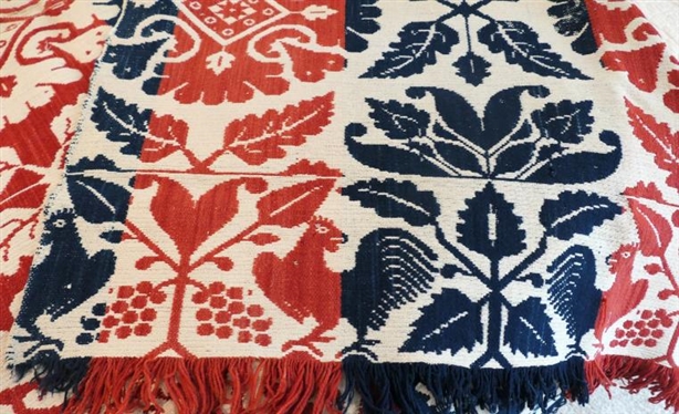 19th Century Ohio 3 Color 2 Piece Coverlet with Chicken Motif - Hand Loomed - Coverlet Measures 86 By 68