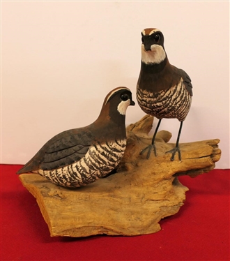 Hand Carved and Hand Painted Quail on Driftwood Base - Glass Eyes - Standing Quail is 6 Tall Overall 9 Tall 