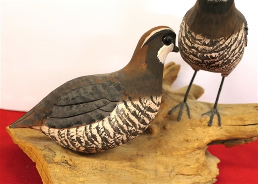 Hand Carved and Hand Painted Quail on Driftwood Base - Glass Eyes - Standing Quail is 6 Tall Overall 9 Tall 