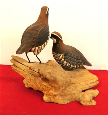 Hand Carved and Hand Painted Quail on Driftwood Base - Glass Eyes - Standing Quail is 6 Tall Overall 9 Tall 