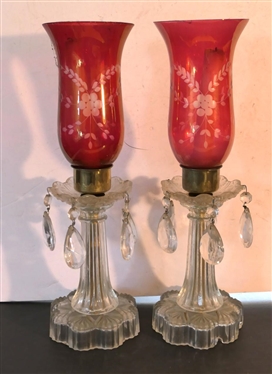 Pair of Press Glass Candle Sticks with Large Prisms - Ruby Red Etched Chimneys - Each Candle Stick Measures 6 Tall 13 1/2 with Chimney 
