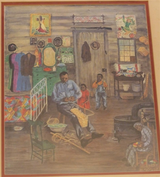 Queena Stovall Virginia Folk Artist Print "The Basket Maker" Nicely Framed and Matted - Frame is 25" By 21" 