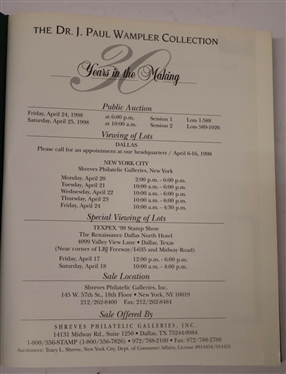 Shreves Philatelic Galleries, INC - The Dr. J. Paul Wampler Collection of Unites States Stamps and Important Plate Number Blocks - Private Collection Sale - April 98 New York - Hardcover Book...