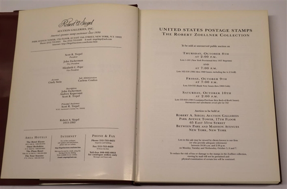 United States Postage Stamps - The Robert Zoellner Collection Sale 804 - Thursday, Friday and Saturday October 8 - 10, 1998 - Presented by Robert A. Siegel Auction Galleries - Hardcover Book with...