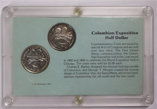 Columbian Commemorative 2 Coin Set - 1892 and 1893 Columbian Exposition Half Dollars - 90 % Silver - In Hard Case