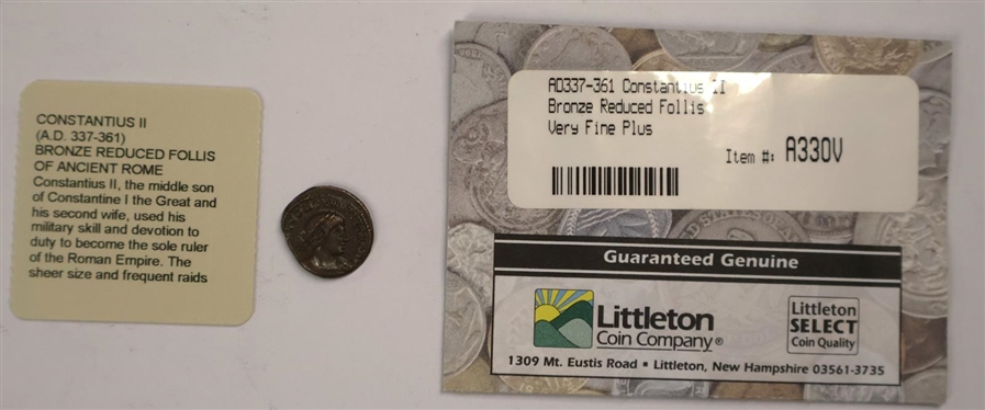 Constantius II (A.D. 337 - 361) Bronze Reduced Follis of Ancient Rome - Ancient Roman Coin - Guaranteed by Littleton Coin Company, LLC - Very Fine Plus - Littleton Select Coin - With Original Envelope