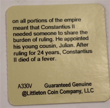 Constantius II (A.D. 337 - 361) Bronze Reduced Follis of Ancient Rome - Ancient Roman Coin - Guaranteed by Littleton Coin Company, LLC - Very Fine Plus - Littleton Select Coin - With Original Envelope