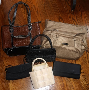 6 Purses & Handbags - Rosetti, Beaded Evening Bag, Plack Envelope Purse, and Brown Embossed Croc Style 