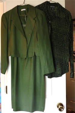 Ann May 100% Silk Skirt Suit and Blouse - Olive Green Blazer and Skirt with Black and Green Dotted Blouse - Jacket Size 6, Skirt Size 4, Blouse Size Small 