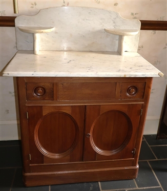 Walnut Marble Top Washstand -Marble Top with Candle Shelves - Base with 2 Small Drawers - Faux Center Drawer Over Double Cabinet Doors -  Measures - 28 1/2" Tall 31 1/2 "by 18" - Not Including...