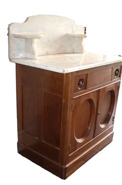 Walnut Marble Top Washstand -Marble Top with Candle Shelves - Base with 2 Small Drawers - Faux Center Drawer Over Double Cabinet Doors -  Measures - 28 1/2 Tall 31 1/2 by 18 - Not Including...