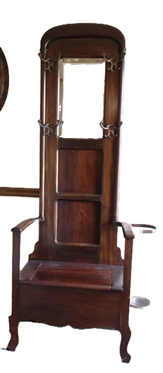 Attractive Mahogany Hall Tree with Beveled Mirror -Nice Bronze Hooks with Bronze Umbrella Holder on Right Side - Lift Top Seat - Paneled Back - 77" Tall 33" Tall with  Umbrella Holder - Arms are...